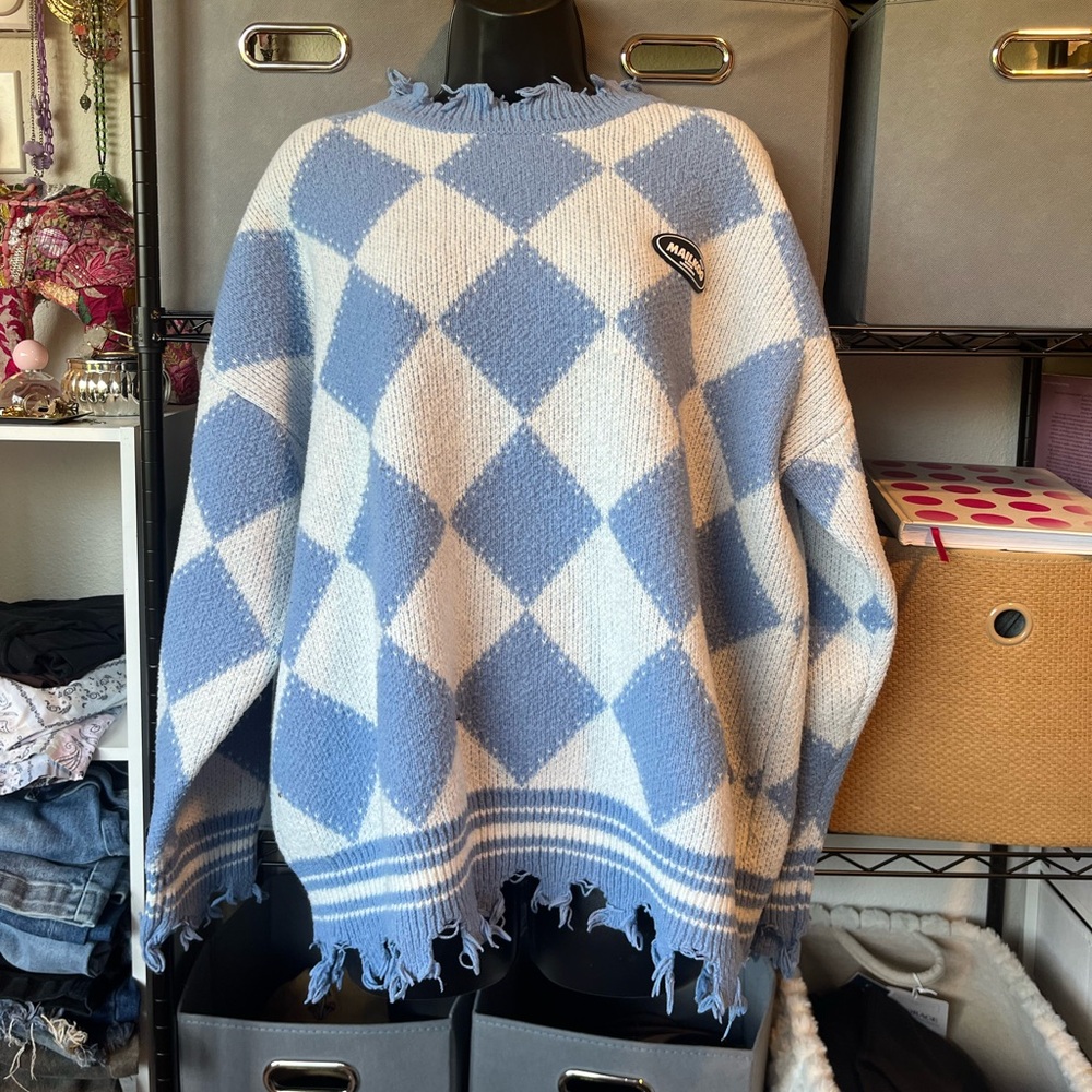Blue & White Argyle Distressed Sweater